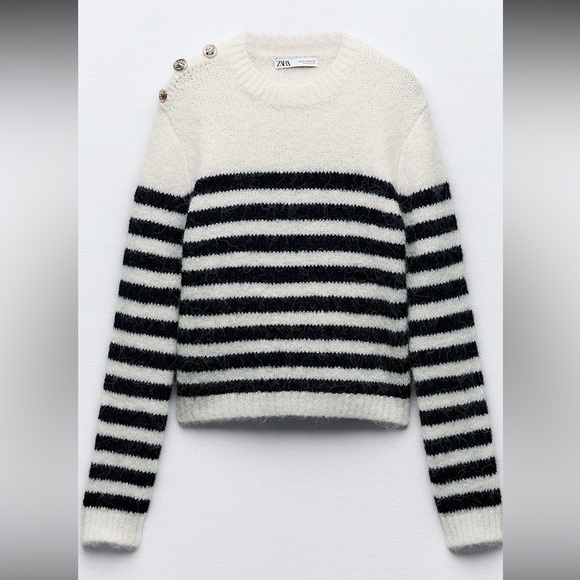 Zara Buttoned Striped Knit Sweater in Navy and Ivory, Size: S - Picture 6 of 6